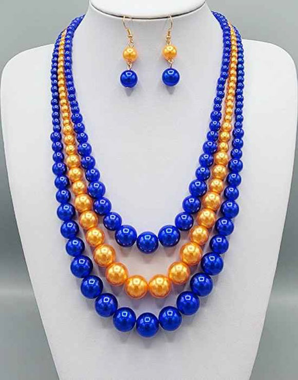 3 LAYER BLUE AND GOLD PEARL NECLACE ( 3211 )