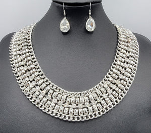 SILVER NECKLACE SET CLEAR STONES ( 3224RH )