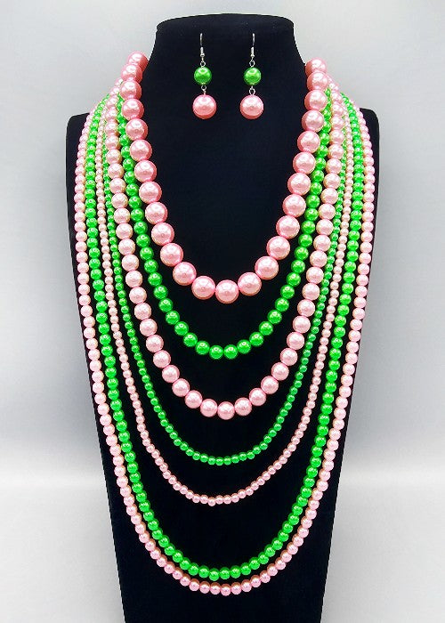 PINK GREEN PEARL NECKLACE SET ( 3241 PK )