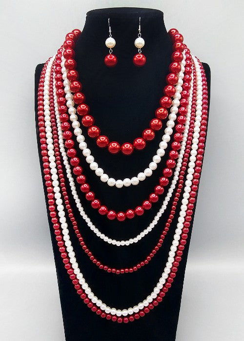 RED WHITE PEARL NECKLACE SET ( 3241 RD )