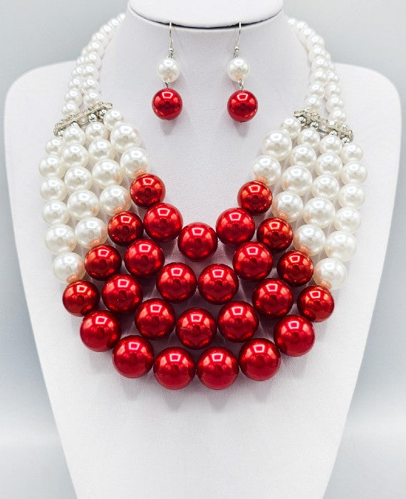 RED WHITE PEARL NECKLACE SET ( 3261 RD )