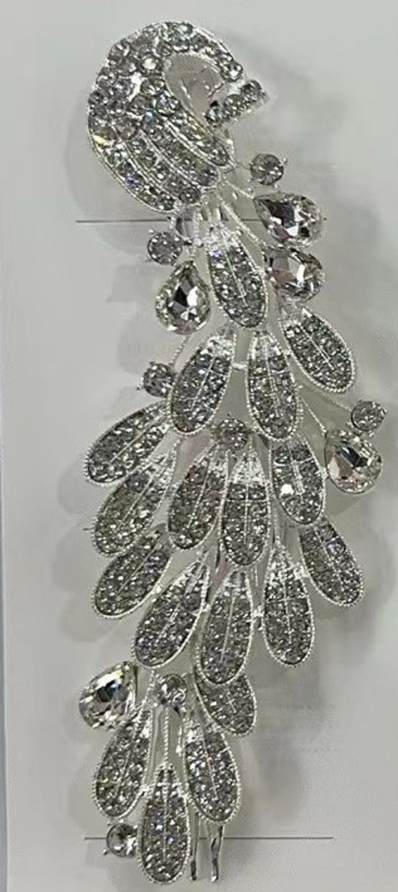 SILVER PEACOCK HAIR COMB CLEAR STONES ( 2352 1CL )