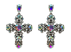 Silver Cross Heart Earrings AB Stones ( 10160 SBAB )