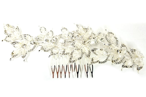 SILVER HAIR COMB FLORAL CLEAR STONES WHITE PEARLS ( 40818 CLSV )