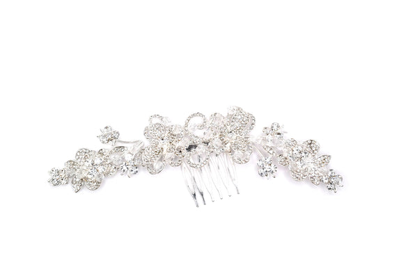 SILVER HAIR COMB FLOWER CLEAR STONES ( 41227 CLSV )