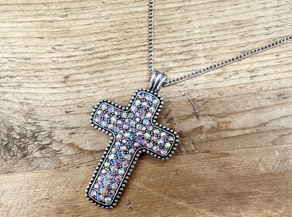 Long Silver Necklace Set Cross AB Stones ( 10700 SBAB )
