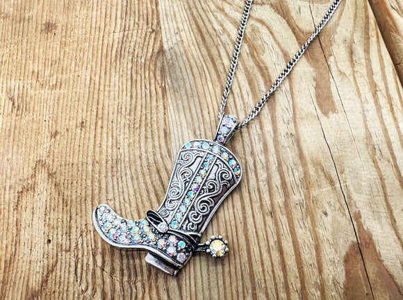 Long Silver Necklace Set Cowboy Boot AB Stones ( 11504 SBAB )