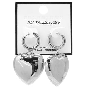 STAINLESS STEEL SILVER HEART EARRINGS ( 8212 RH )