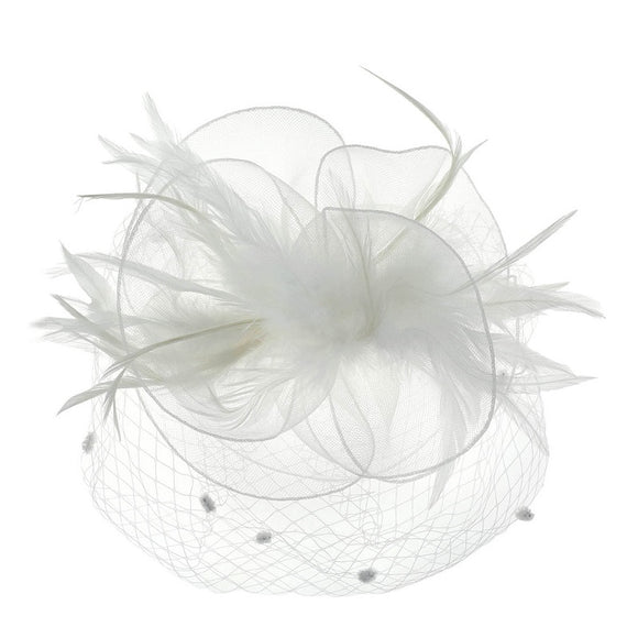 WHITE FASCINATOR BEADS FEATHERS MESH ( 1247 WT )