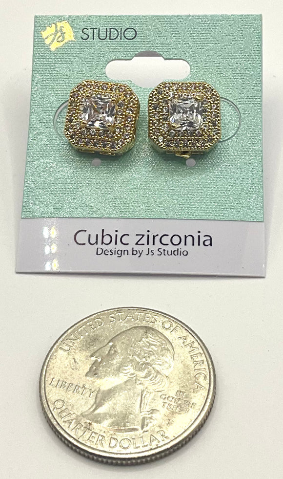 GOLD SQUARE EARRINGS CLEAR CZ STONES ( 3752 G )