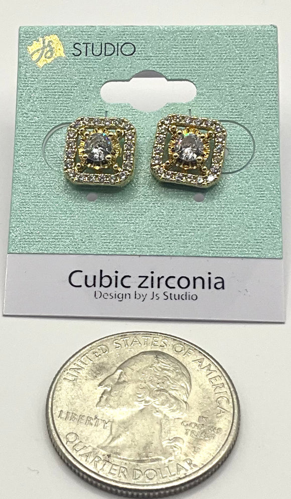 GOLD SQUARE EARRINGS CLEAR CZ STONES ( 3704 G )