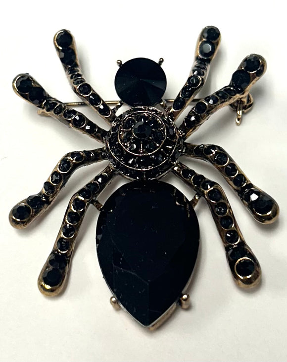 ANTIQUE GOLD SPIDER BROOCH BLACK STONES ( 3573 BK )