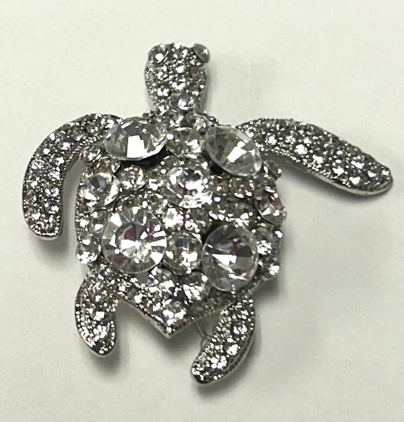 SILVER TURTLE BROOCH CLEAR STONES ( 3321 SCL )