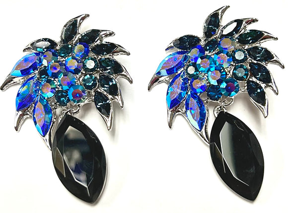 SILVER CLIP ON EARRINGS FLORAL DESIGN BLUE STONES ( 8422 BL )