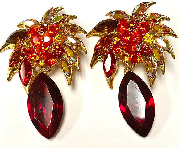 GOLD CLIP ON EARRINGS FLORAL DESIGN ORANGE RED STONES ( 8422 RD )