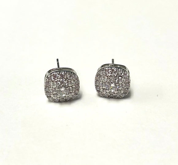 SILVER SQUARE STUD EARRINGS CLEAR CZ STONES ( 3712 S )