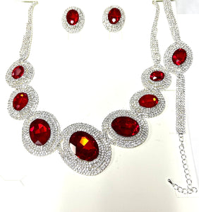 SILVER NECKLACE SET CLEAR RED STONES ( 011 1RD )