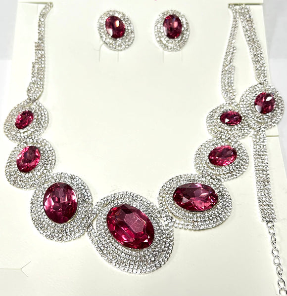 SILVER NECKLACE SET CLEAR PINK STONES ( 011 1PK )