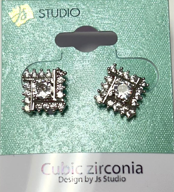 SILVER SQUARE STUD EARRINGS CZ STONES ( 5724 S )