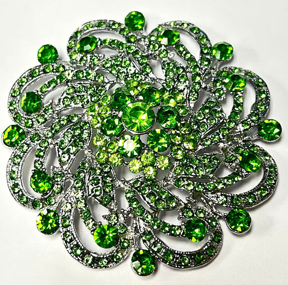 SILVER FLORAL BROOCH GREEN STONES ( 0644 SGN )