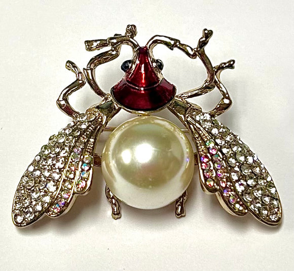 GOLD INSECT BROOCH RED CLEAR STONES ( 06711 RD )