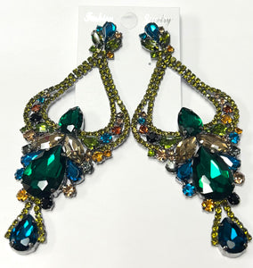 LARGE HEMATITE CHANDELIER EARRINGS MULTI COLOR STONES ( 2679 HMT )