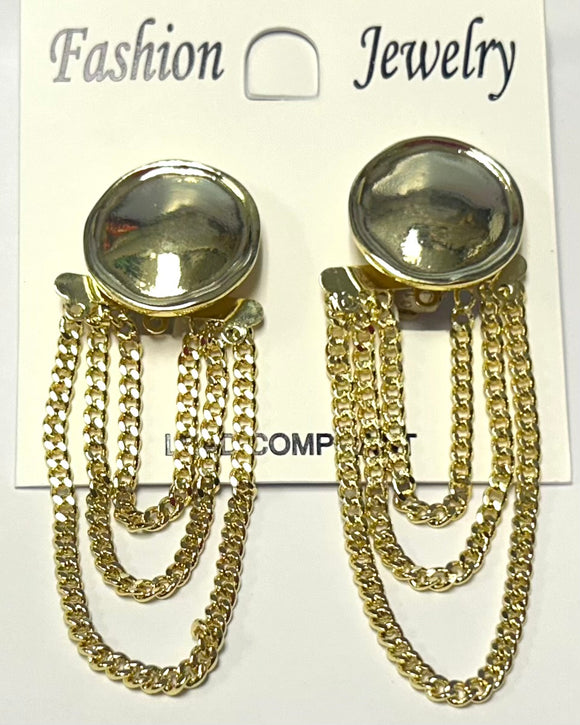 GOLD CLIP ON EARRINGS DANGLING CHAINS ( 23168 LFG )