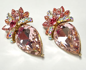 GOLD CLIP ON EARRINGS PINK STONES ( 8075 PK )