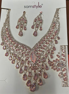 NECKLACE SET STONES MATCHING BRACELET GOLD PINK ( 014 2OPPK )