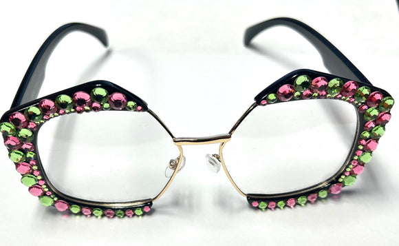 Clear Lens BLACK Frame PINK GREEN CRYSTAL Stones Fashion Glasses UV 400 ( 1120 PKGR )