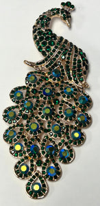 Gold GREEN Rhinestone Large Peacock Brooch ( 0660 GRN )