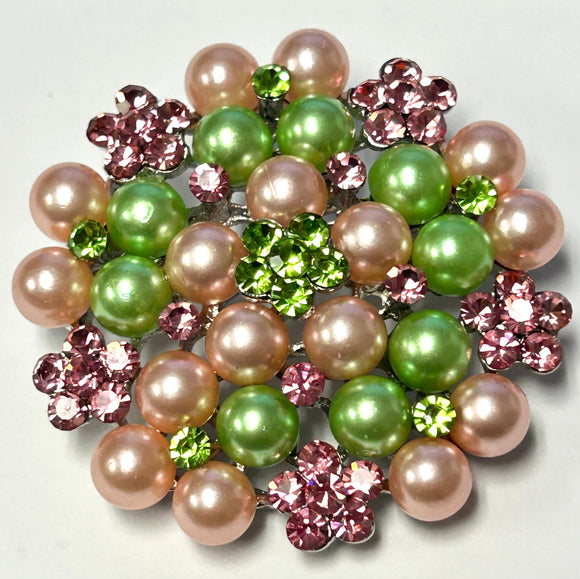 BROOCH RHINESTONES STONES PEARLS PINK GREEN ( 06693 PG )