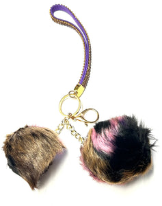 LARGE BROWN PURPLE FURRY BALL KEYCHAIN ( 1013 BB )