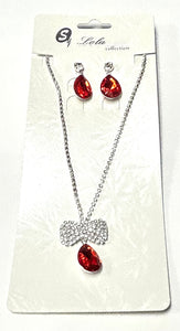 SILVER NECKLACE SET CLEAR RED STONES ( 1163 SVRE )