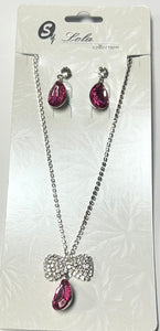 SILVER NECKLACE SET CLEAR PINK STONES ( 1163 SVPK )