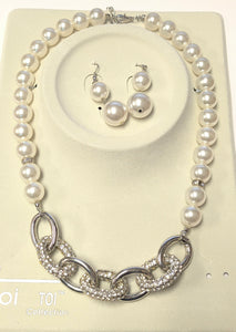 SILVER WHITE PEARL NECKLACE SET ( 00815 RWH )