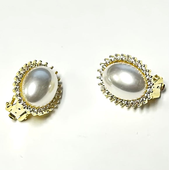 GOLD CLIP ON EARRINGS PEARL CLEAR CZ STONES ( 190 2CL )