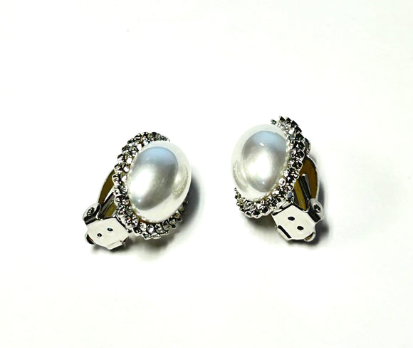 SILVER CLIP ON EARRINGS PEARL CLEAR CZ STONES ( 190 3CL )