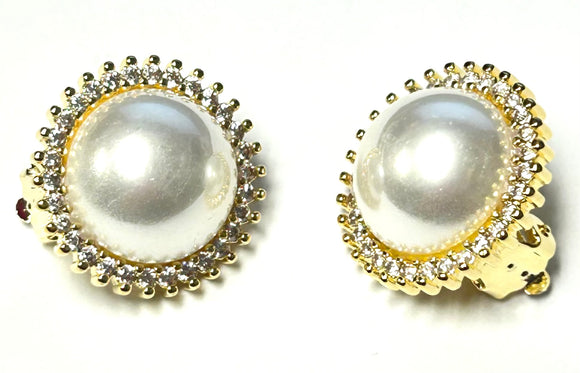 GOLD PEARL CLEAR CZ STONE CLIP ON EARRINGS ( 191 2CL )