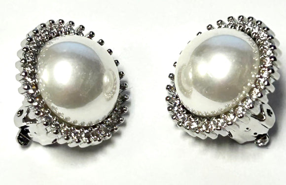 SILVER PEARL CLEAR CZ STONE CLIP ON EARRINGS ( 191 3CL )