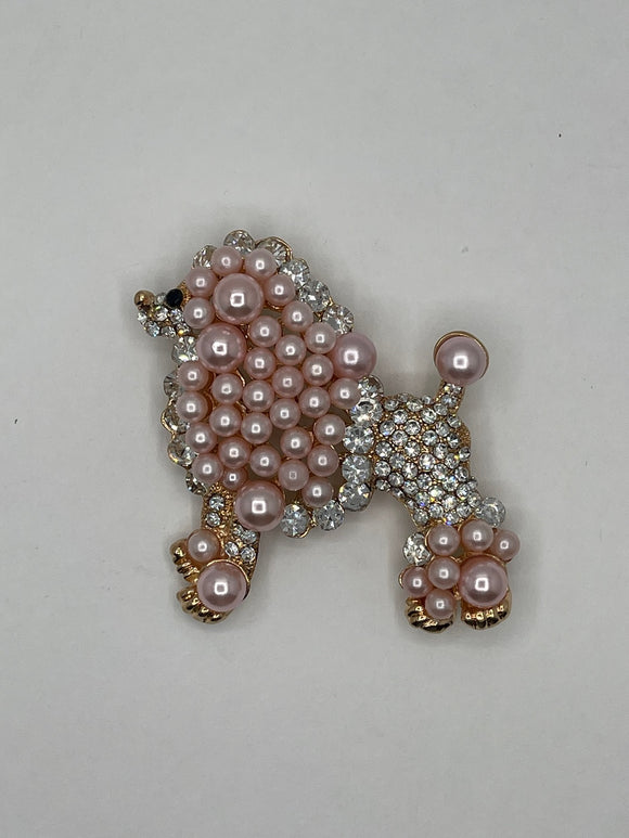 Gold Clear Rhinestone PINK Pearl Poodle Dog Brooch ( 06301 PK )