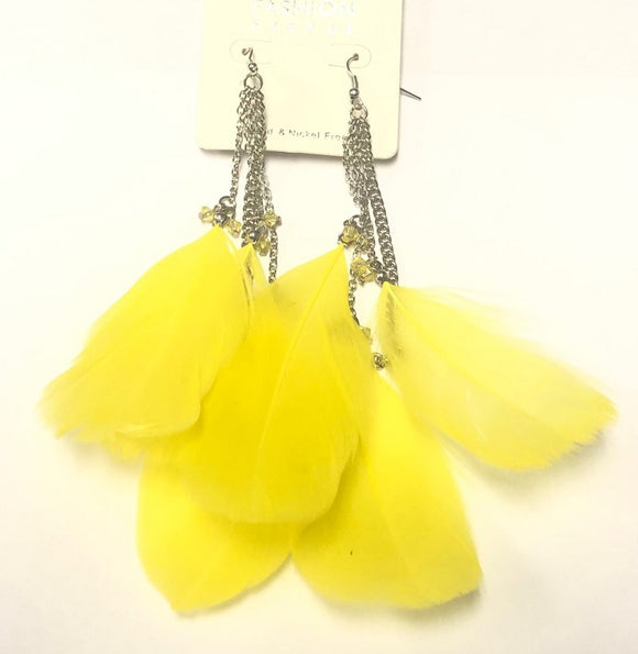 Silver Dangling Yellow Feather Earrings ( 87953 YL )