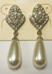 Silver Earrings Clear Stones White Pearls ( 08340 RWH )