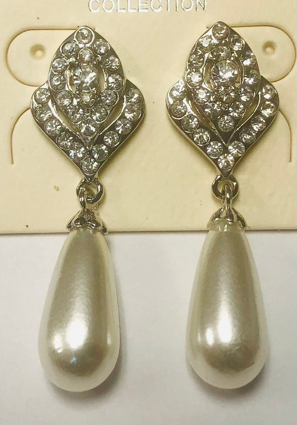 Silver Earrings Clear Stones White Pearls ( 08340 RWH )