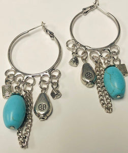 Silver Hoop Earrings Turquoise Stones ( 1020252 STQ )