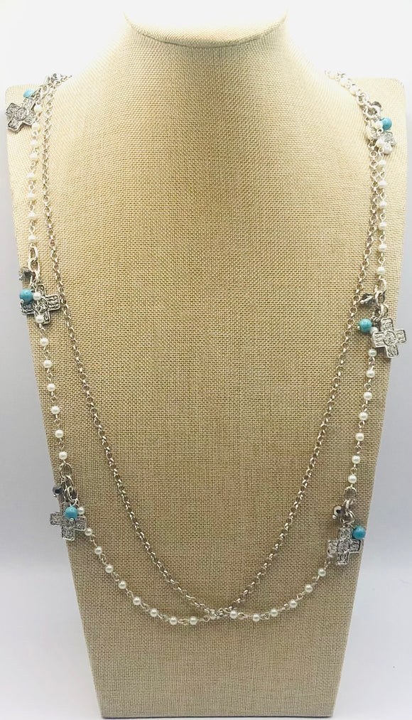 Long Silver Necklace Set Cross Turquoise White Pearls ( 41153 -2 )