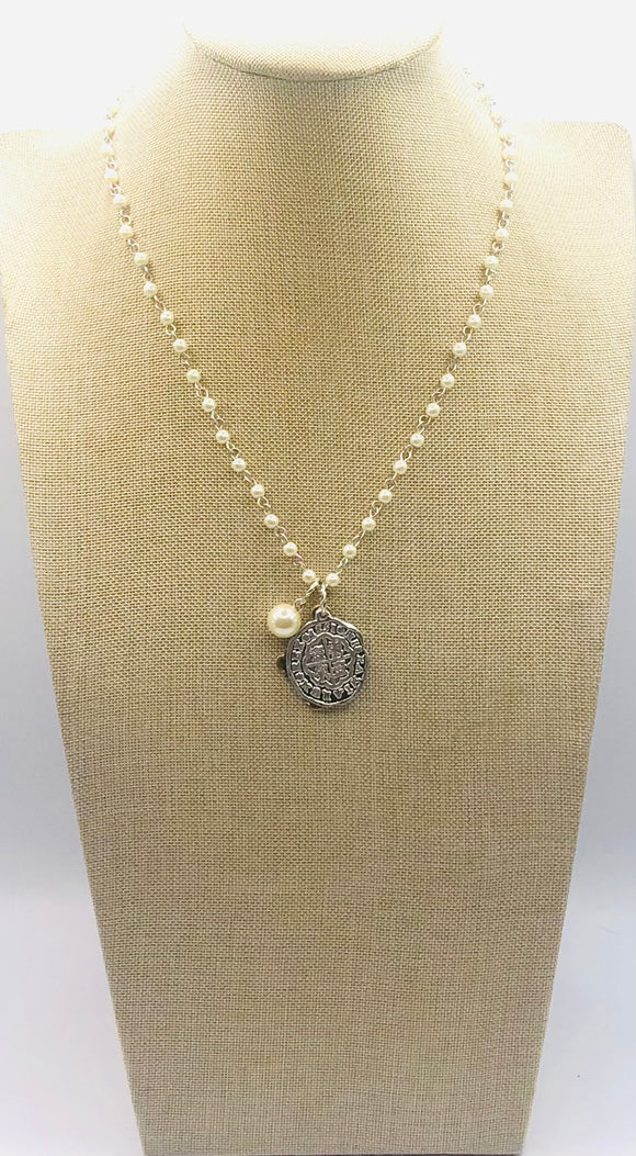 Necklace Pearls Cross Coin Pendant ( 36038 2AS )