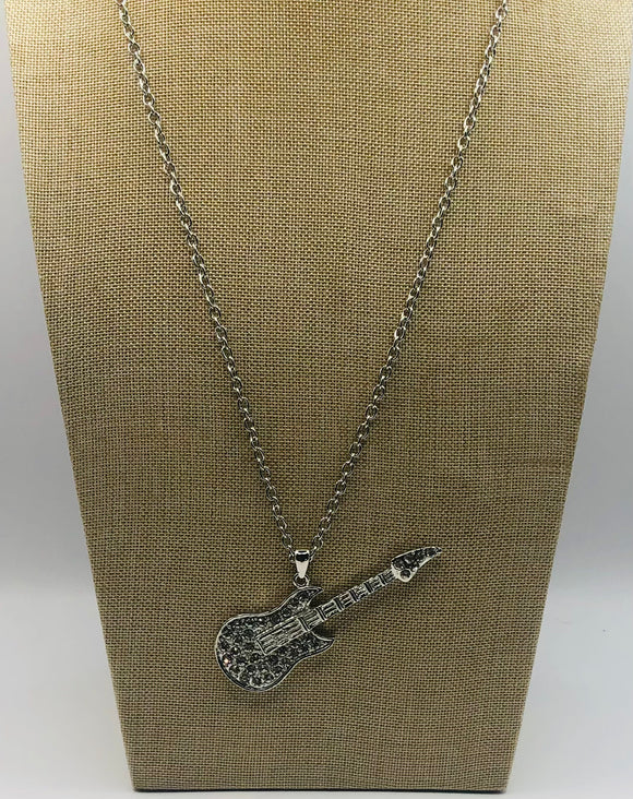 Silver Necklace Guitar Pendant Clear Stones ( 8850 )