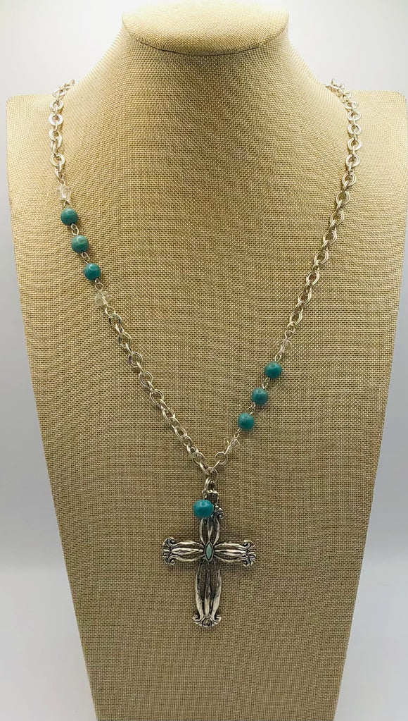 SILVER TURQUOISE CROSS NECKLACE ( 4114 2 )