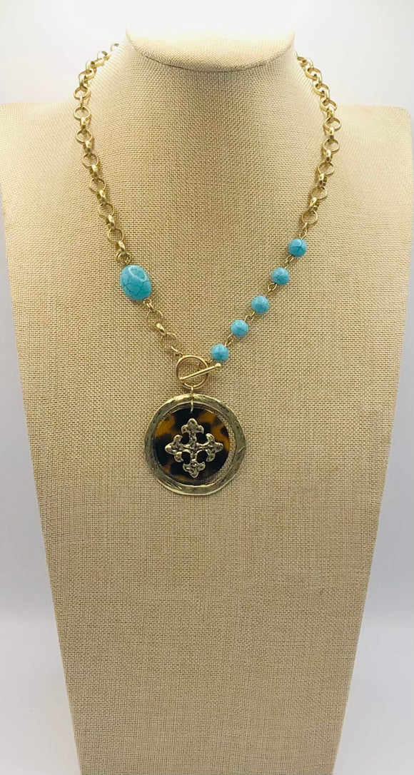 GOLD TURQUOISE NECKLACE CROSS PENDANT ( 7132023 G )